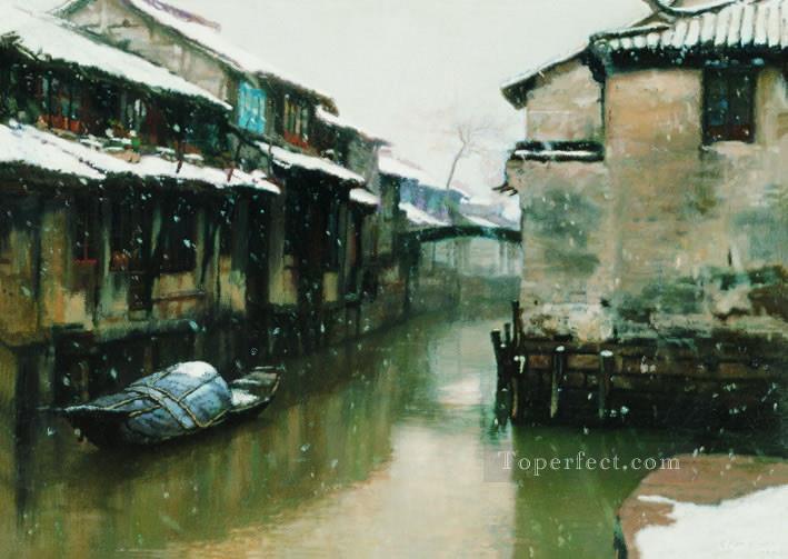 水郷の雪の日 中国の陳亦菲油絵